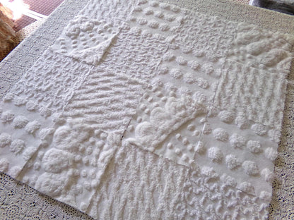 snow bunny vintage chenille fabric squares, 16 vintage white 6" quilt blocks w/ pops, squiggles, diamond lattice & swirls