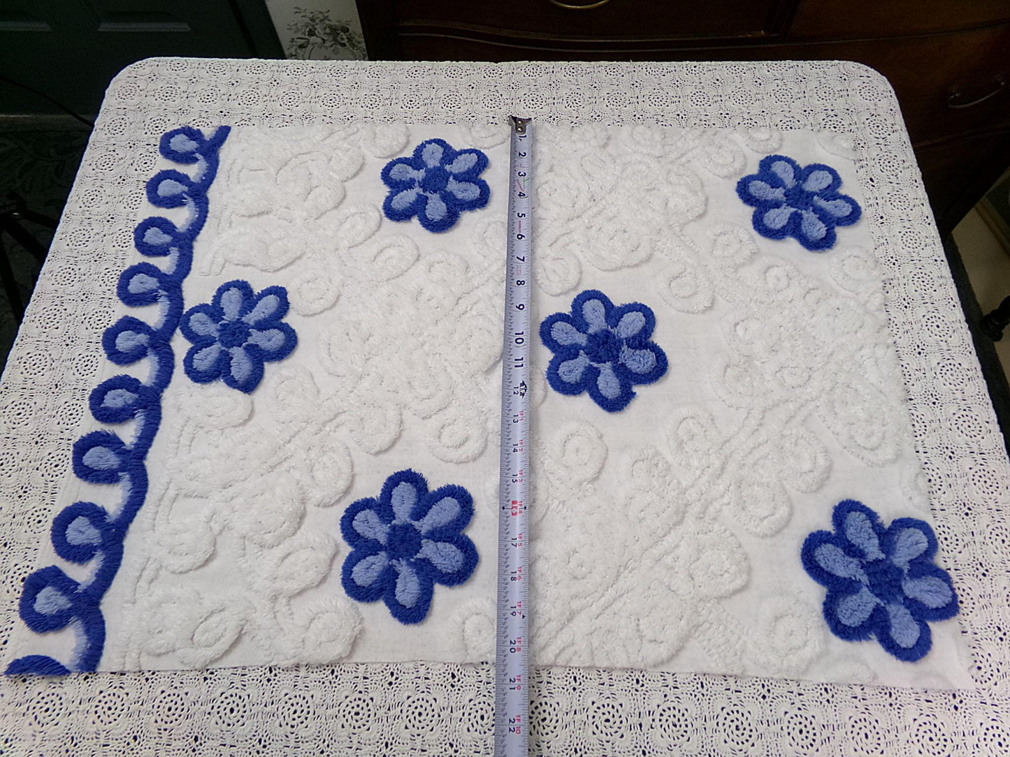 Vintage Chenille Bedspread Fabric, Plush Blue Flowers White Curlicues, 20x26" Piece