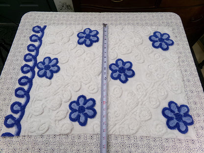Vintage Chenille Bedspread Fabric, Plush Blue Flowers White Curlicues, 20x26" Piece