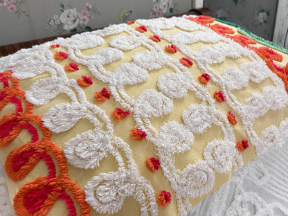 Happy Yellow Vintage Chenille Bedspread Fabric, Boho Red Flower Curlicues 13x25"