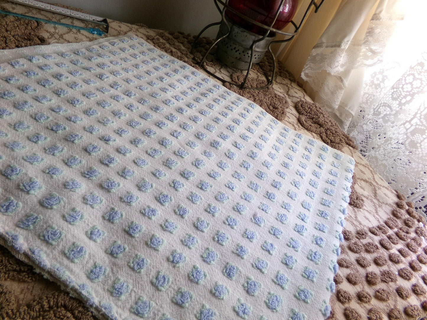 Tiny Blue Rosebuds Vintage Chenille Quilt Fabric, 18" x 21" inch Piece Lightweight Mini Roses