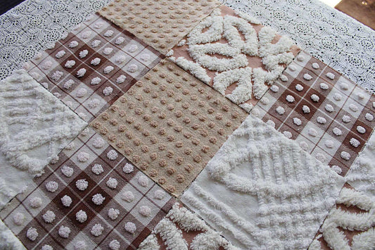 Bear Hugs Chenille Quilt Squares Set, from Vintage Bedspread Fabric, 16 Blocks, 6" x 6" inches each, Chocolate, Mocha & White