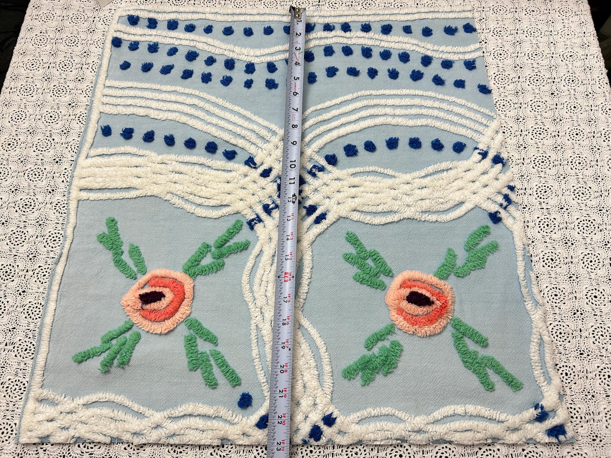 Coastal Blue Vintage Chenille Bedspread Fabric Floral 23x21" Piece