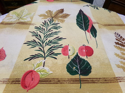Vintage 1950s Barkcloth Fabric, Rustic Boho Shadow Autumn Leaves, Apples & Pine, 20"x46"