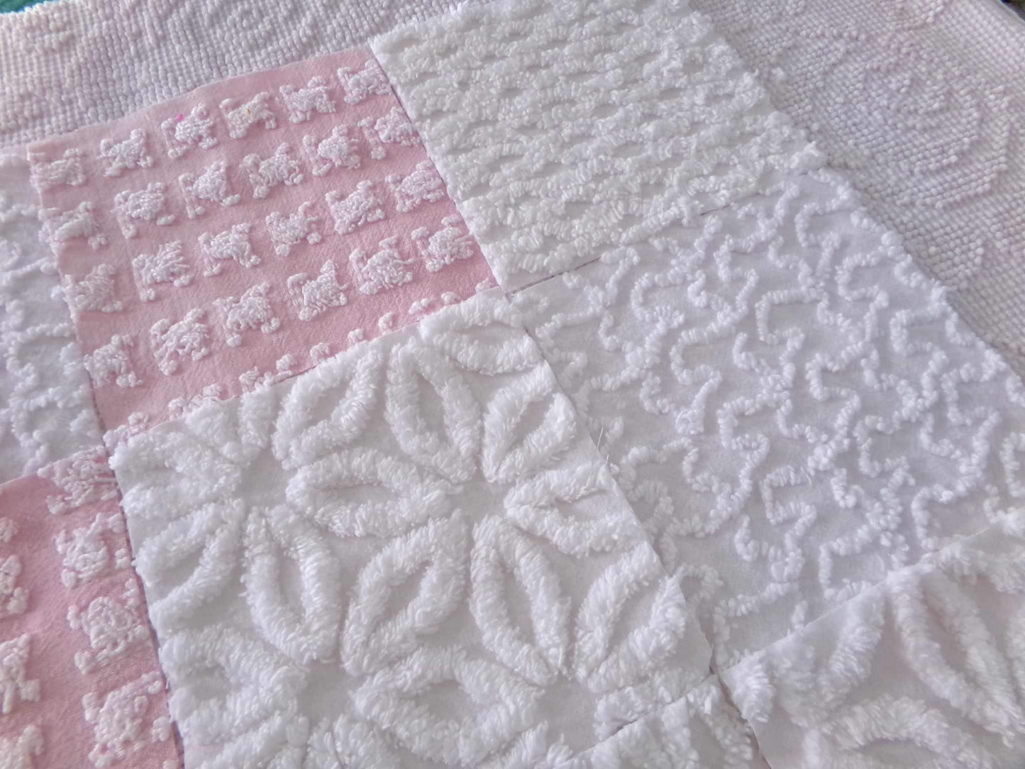 angelic vintage chenille fabric squares, set of 16 quilt blocks 6" each pink & white
