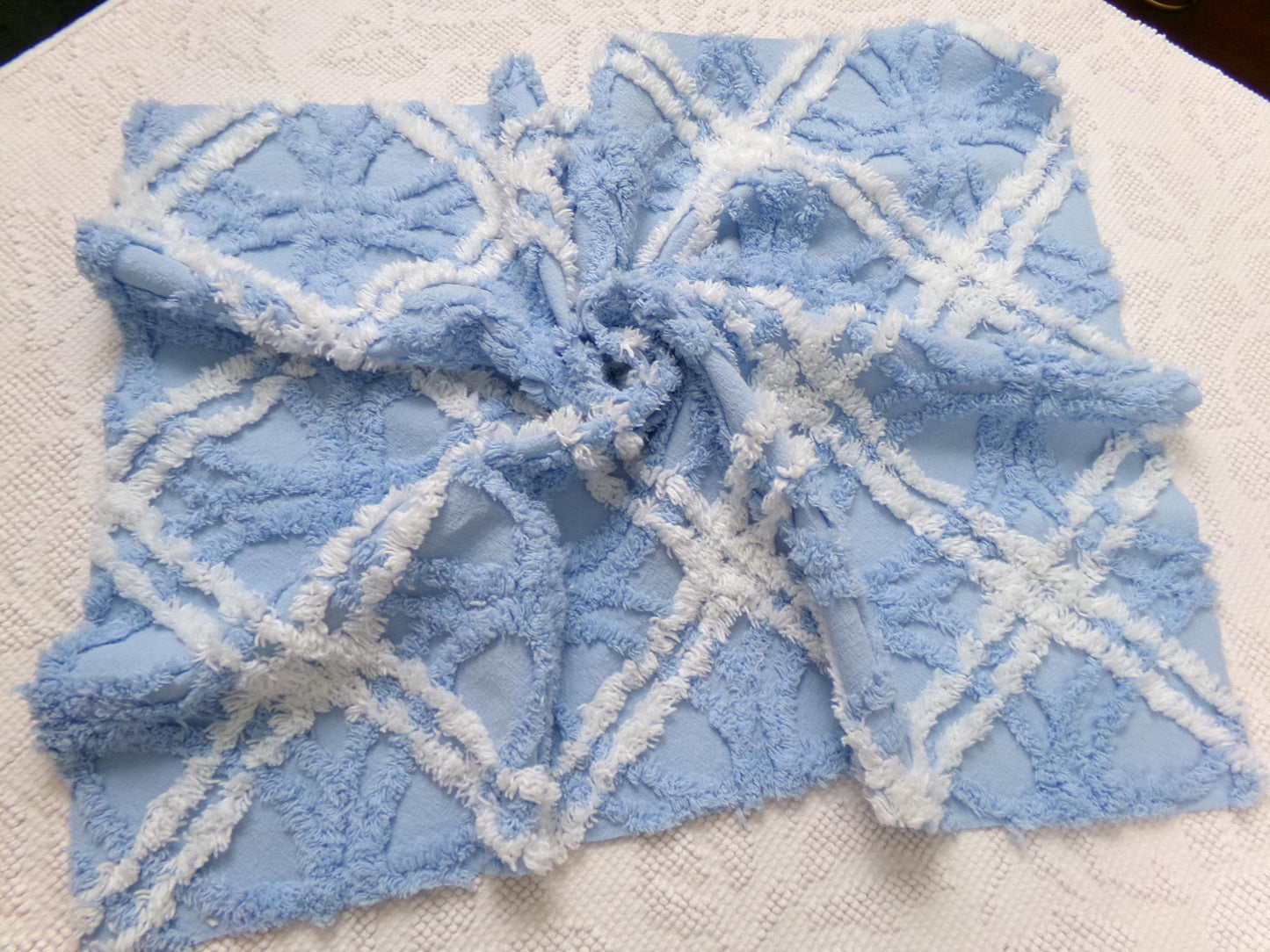 Vintage Chenille Fabric Baby Blue White Geometric Tufted Cottage Coastal Chic, 18" x 22"
