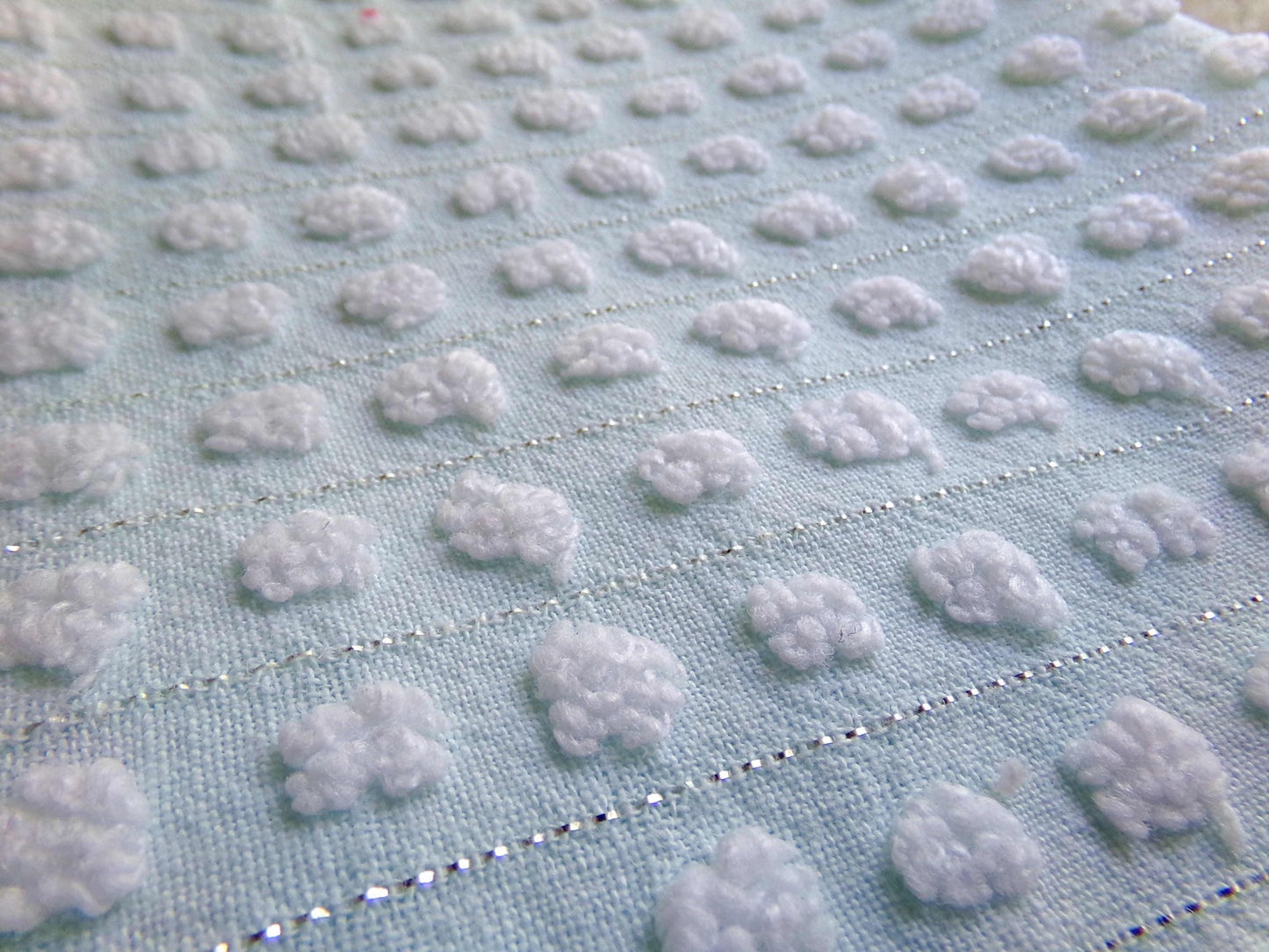 vintage chenille bedspread fabric cool aqua white pops silver lurex 18x24"