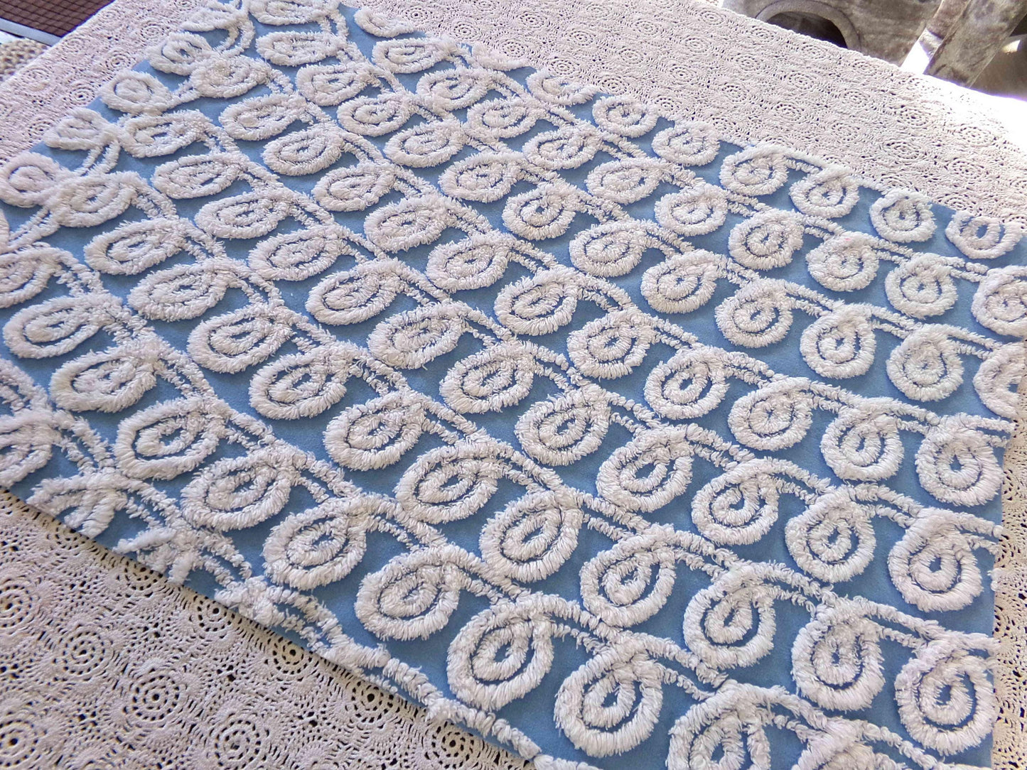 White & Blue Chenille Fabric, Soft Curlicue Swirls, 18" x 26" inch Piece, Vintage Cotton Material for Quilting, Crafts