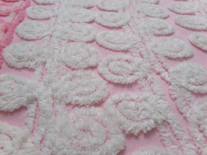 Playful Pink Vintage Chenille Bedspread Fabric White Curlicues 15" x 26"