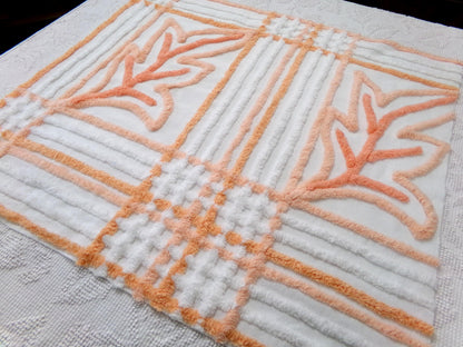 Peach White Vintage Chenille Bedspread Fabric Botanical Leaves Design 21x24"