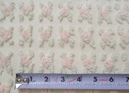 Creamy Vanilla Pink Rosebud Vintage Chenille Bedspread Fabric, 18 x 24"