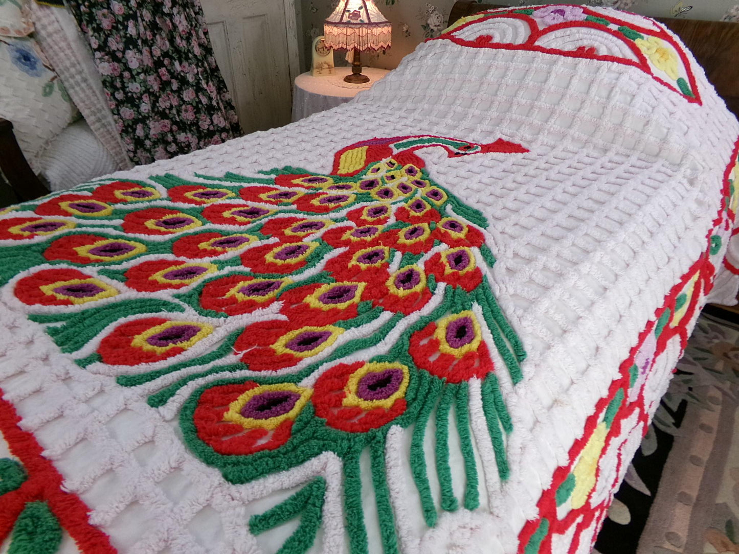 Sprawling Peacock Vintage Chenille Bedspread, Boho Red Green & White Cotton Full Size