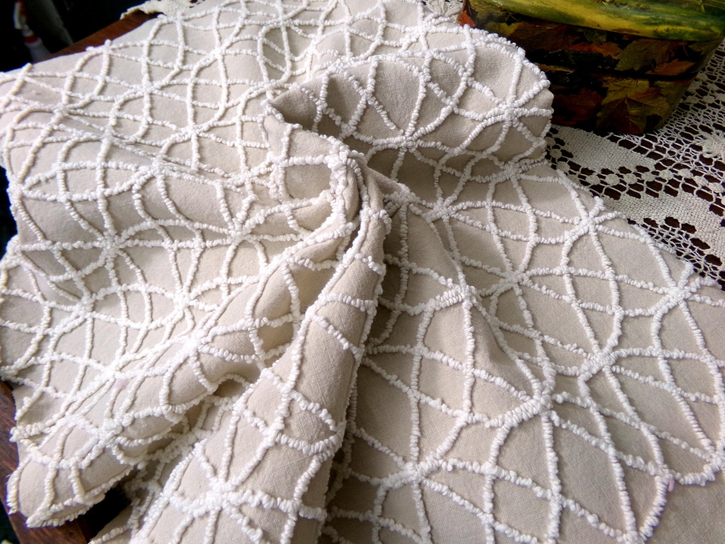 Neutral Mocha Vintage Chenille Fabric, Petite Tufted White Wedding Ring Design 18" x 24"