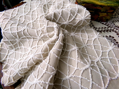 Neutral Mocha Vintage Chenille Fabric, Petite Tufted White Wedding Ring Design 18" x 24"