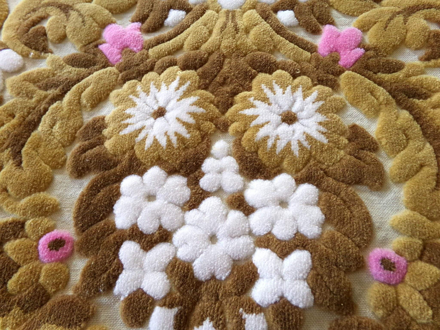lux caramel chocolate cut velvet fabric, vintage Bates tapestry chenille, 12" x 21" inch piece, ideal sewing material for bags