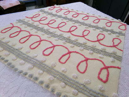 red doodles vintage chenille bedspread fabric, unique quilt & sewing material, 24" x 24" piece