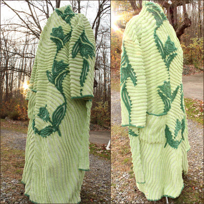 plant lady beautiful chenille robe, shabby upcycled women's bathrobe from tulip floral vintage chenille bedspread fabrics, in size L/XL