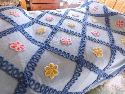 Rare Vintage Chenille Bedspread by IDEAL SPREAD Company, Canada Made Blue Wedding Cake Floral Design, Full Size