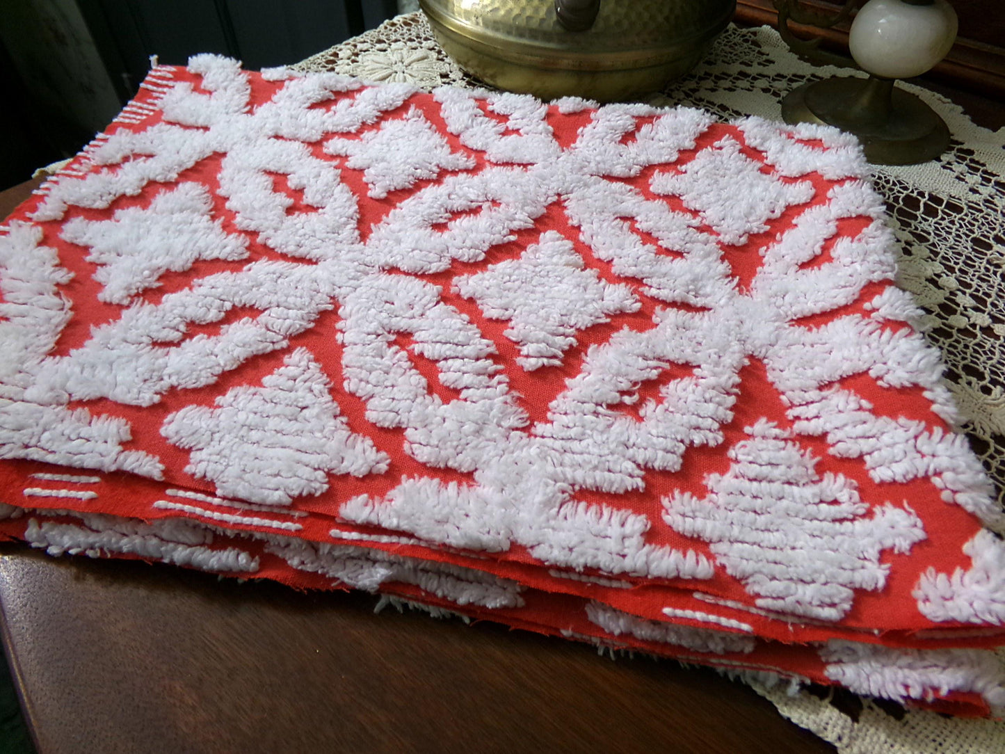 Classic Red Vintage Chenille Fabric, tufted white geometric designs, piece sewing craft quilt material, 18" x 24"