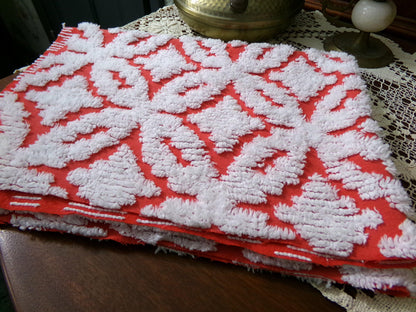 Classic Red Vintage Chenille Fabric, tufted white geometric designs, piece sewing craft quilt material, 18" x 24"
