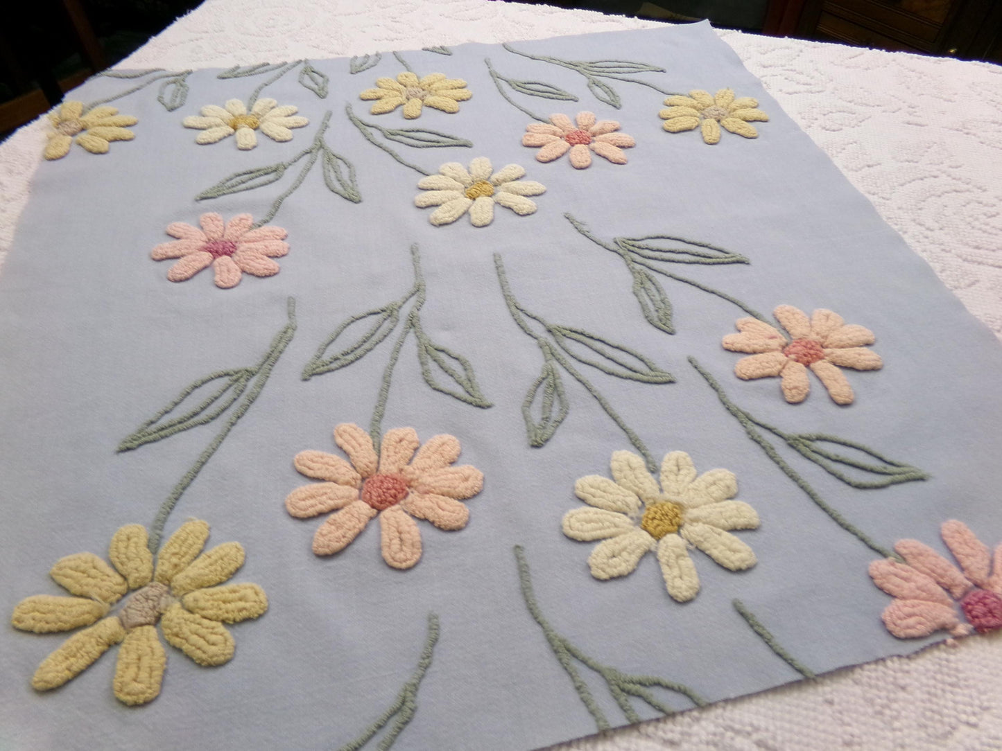 Cascading Daisy Vintage Chenille Fabric, Blue Floral Sewing & Quilt Material 23" x 24" Piece