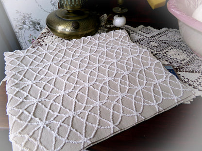 Neutral Mocha Vintage Chenille Fabric, Petite Tufted White Wedding Ring Design 18" x 24"