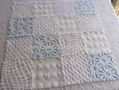 16 vintage chenille fabric squares: breezy blue & white 6" quilt blocks