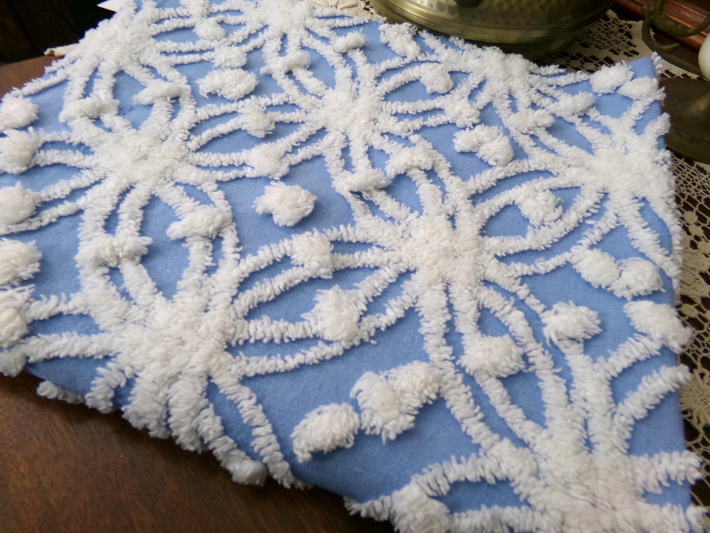 Blue & White Vintage Chenille Fabric Dimensional Snowflake Dots Quilting Craft Supply, 20" x 24"