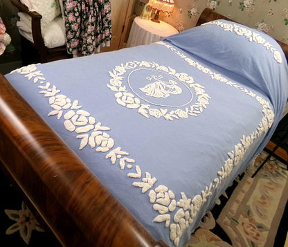 Angel Vintage Chenille Bedspread, Grecian Goddess Figure, Wedgwood Blue & White FULL