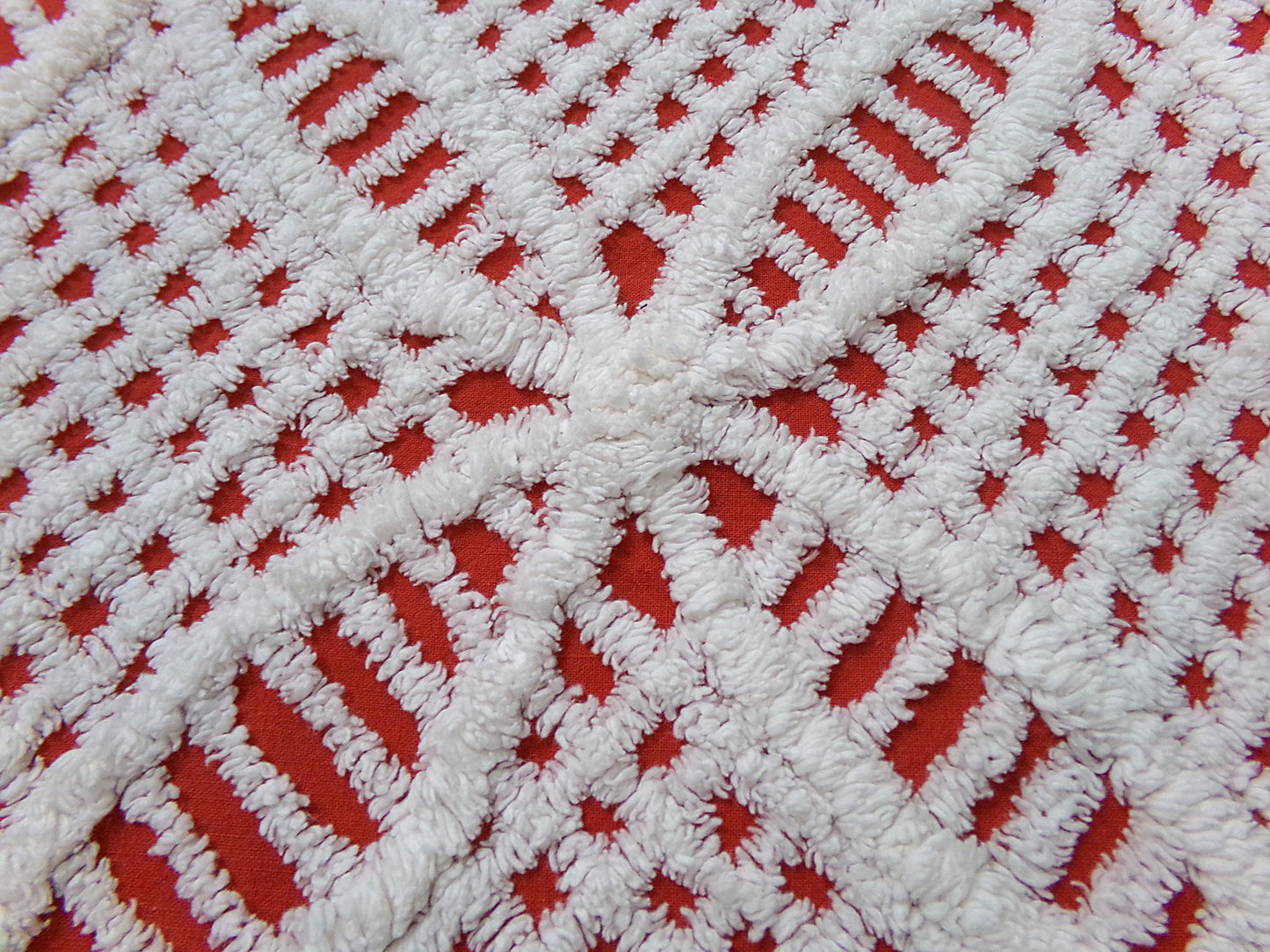 red & white vintage chenille fabric, geometric design 20" x 24" piece quilt material