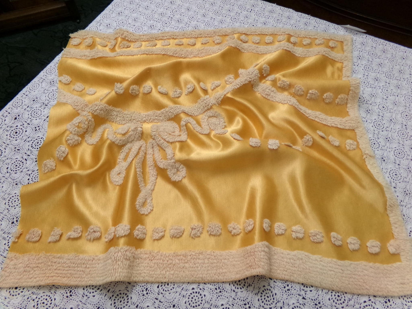 Vintage Gold Satin Chenille Tufted Fabric Swag Scroll Elegant Sewing Material 23x25"