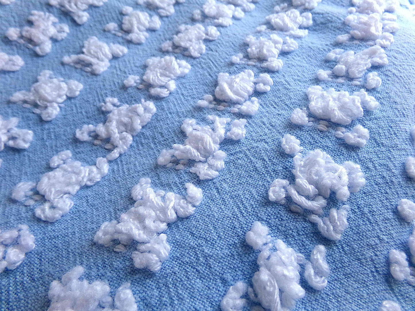 White Rosebud Vintage Chenille Fabric Piece, Beyond Beautiful Blue Rose Material for Quilts & Pillows, 24" x 20" inches