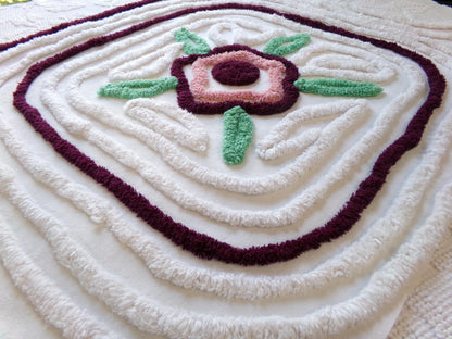 Rose Mauve Vintage Chenille Fabric, 19" x 23" Piece of Radiating Swirl White Cotton Sewing Material Upcycle into Pillows, Quilts
