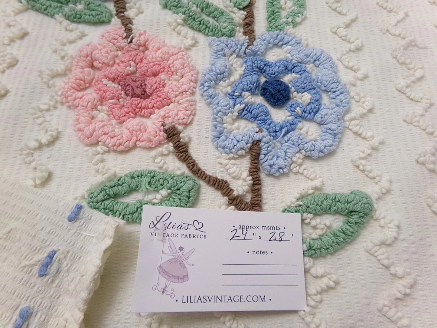 Vtg Chenille Bedspread Fabric Floral Seersucker Zig Zag 24x28" Sewing Material