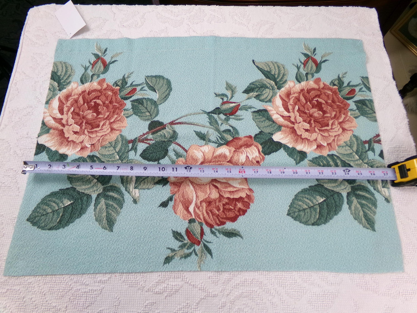 Vintage 1940s Barkcloth Fabric Aqua Blue Pink Roses Botanical Mid-Century Shabby, 18" x 26"