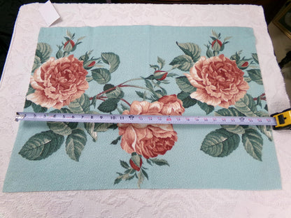 Vintage 1940s Barkcloth Fabric Aqua Blue Pink Roses Botanical Mid-Century Shabby, 18" x 26"