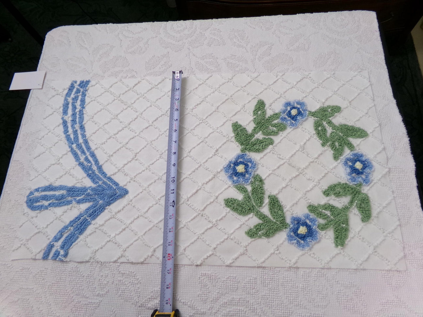 Floral Wreath Vintage Chenille Fabric, Blue & White Sewing Material 15" x 28" Piece