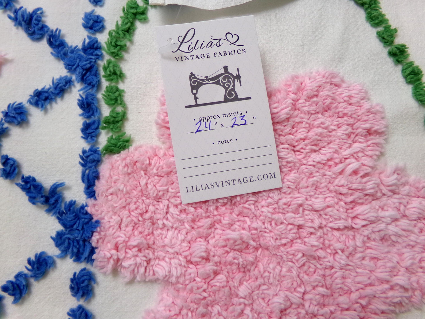 Vintage Chenille Bedspread Fabric White Pink Floral Blue Lattice Trellis Cottage 24x23"