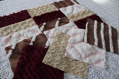 chocolate berry vintage chenille fabric squares, 16 quilt blocks, 6" inches ea, great shades of brown, merlot, mocha, white