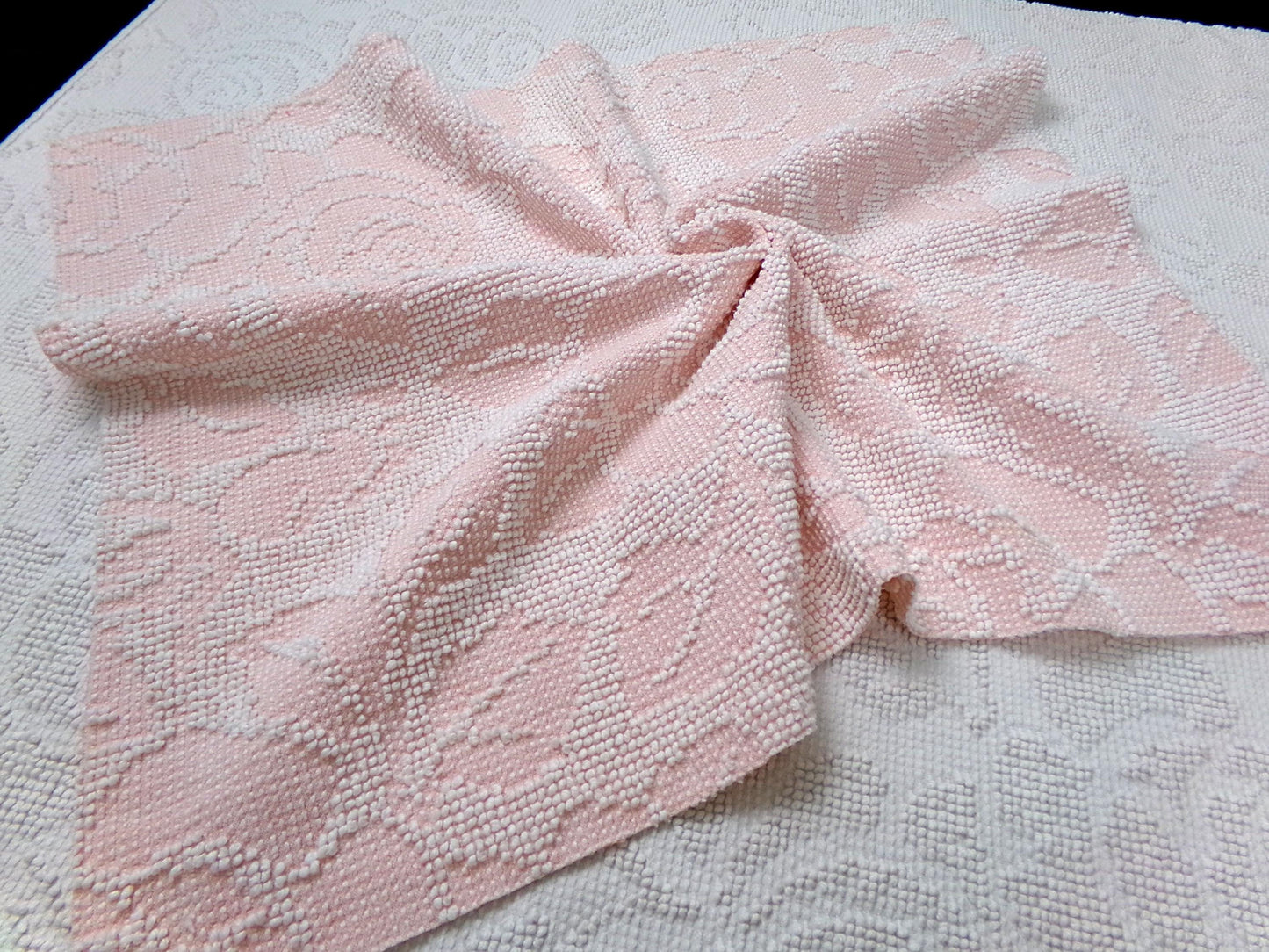 Pink Rose Vintage Hobnail Chenille Fabric Piece Cabbage Rose Reversible Shadow Design 18x24"