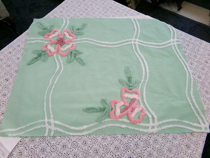 Shabby Soothing Green Vintage Chenille Fabric, Pink Rose Florals, 20 x 27"