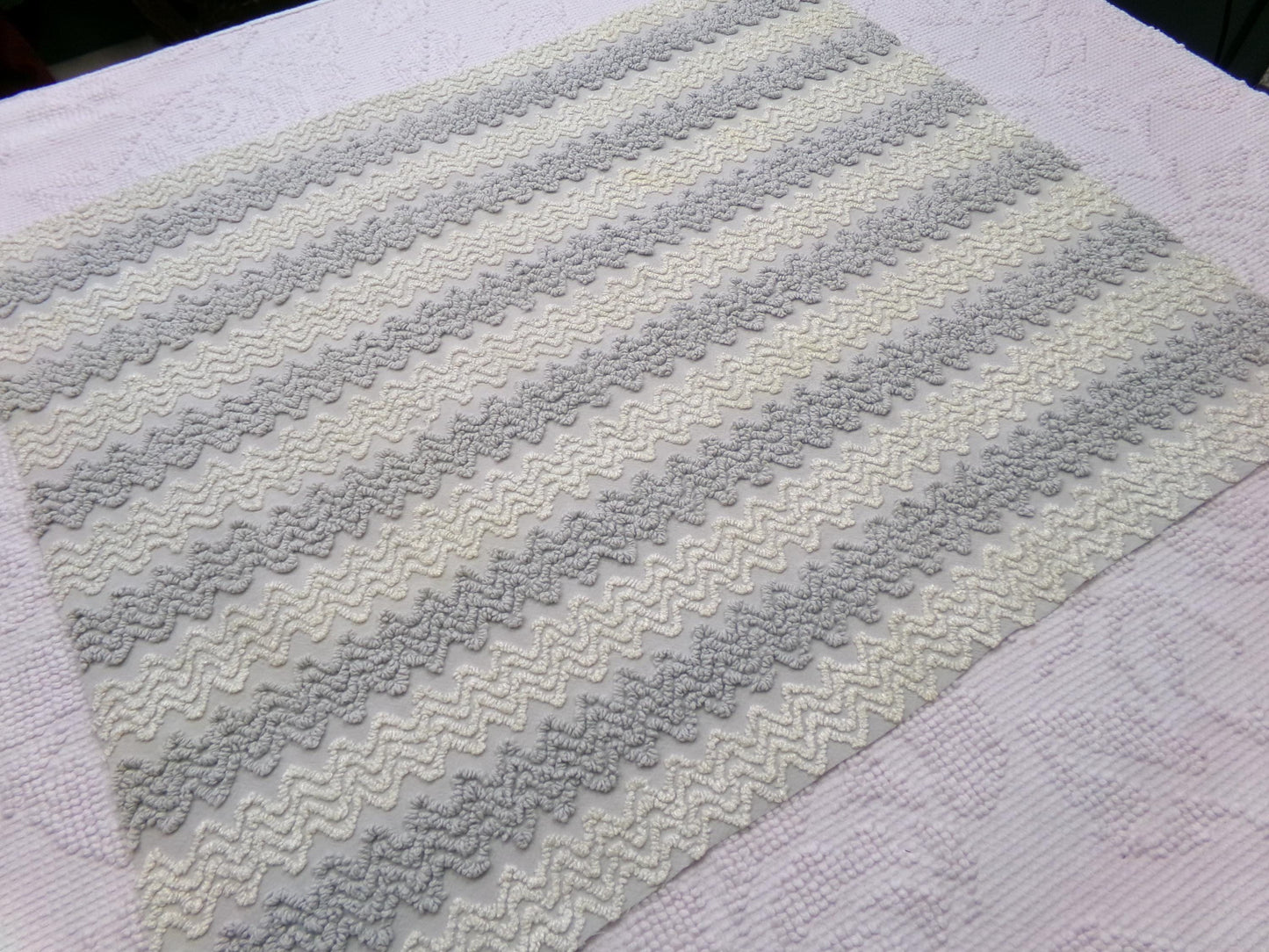 modern grey & white vintage chenille fabric, textured zig zag design, 21" x 18" unique piece of quilt material