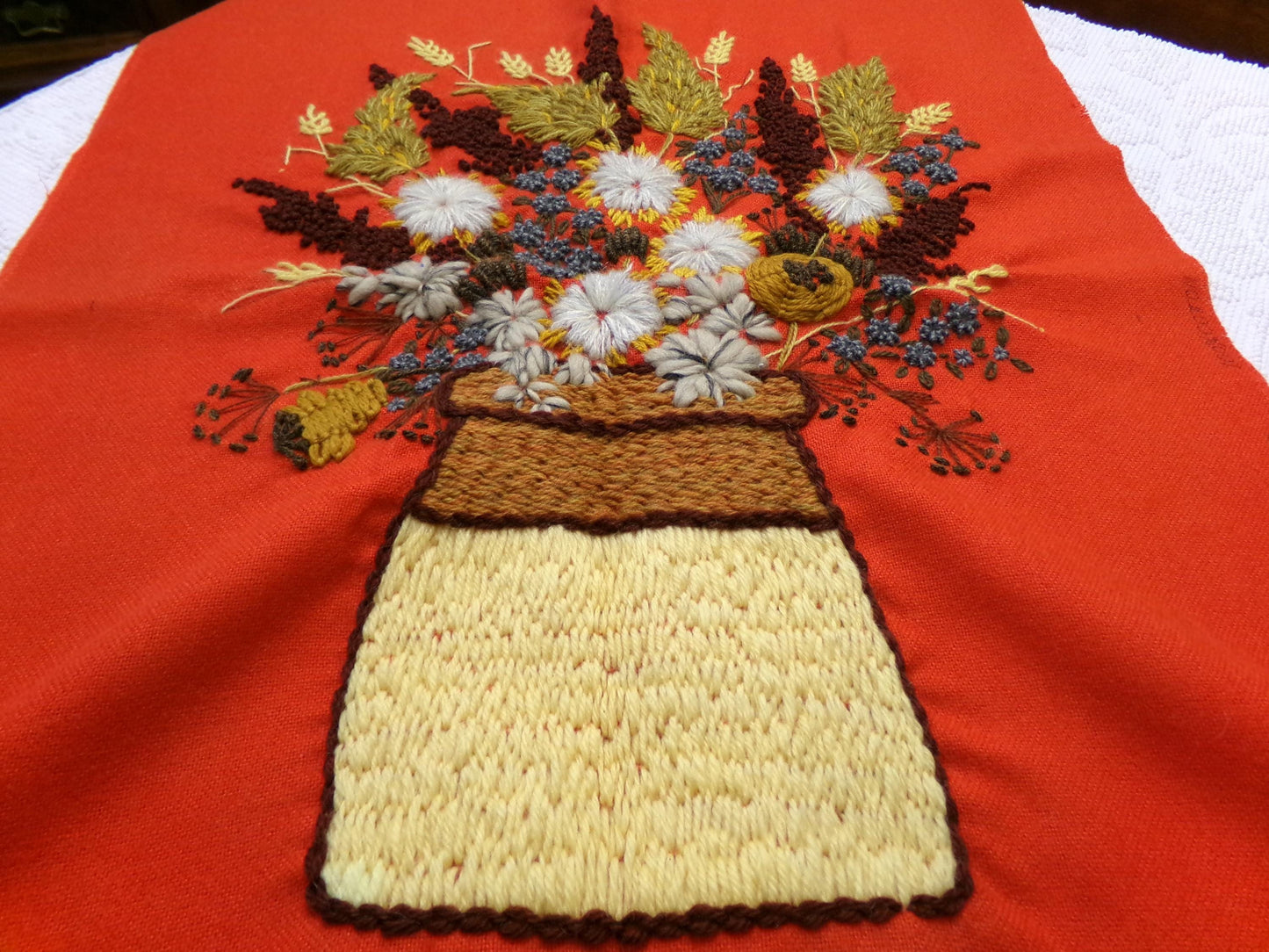 WINTER BOUQUET Completed Crewel Embroidery Piece, Vintage Paragon Needlecraft 0307, Boho Floral Wall Art