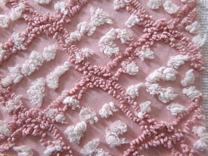 rose pink vintage chenille fabric, tumbling block mauve & white geometric design, 28" x 22" piece sewing material