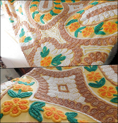Midcentury Vintage Chenille Bedspread, Sunrise Yellow Gold Hearts & Flowers, Full Size Bedding