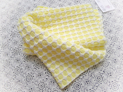 Lemon Yellow White Vintage Woven Chenille Fabric Lady Galt Honeycomb Crosses 18x24"