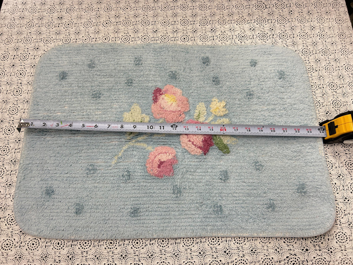 Small Vintage Chenille Rug, Pink Roses & Dots Blue 16" x 24" Accent Mat / Wall Hanging