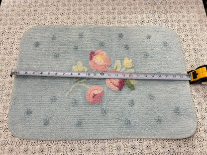 Small Vintage Chenille Rug, Pink Roses & Dots Blue 16" x 24" Accent Mat / Wall Hanging