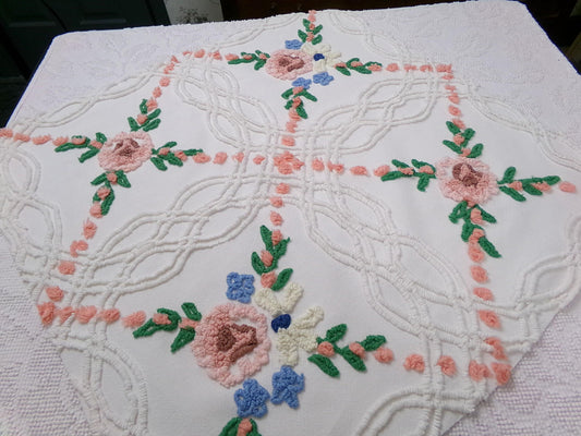cottagecore vintage chenille bedspread fabric, meadow wildflowers & peach pops 23" x 24" piece quilt material