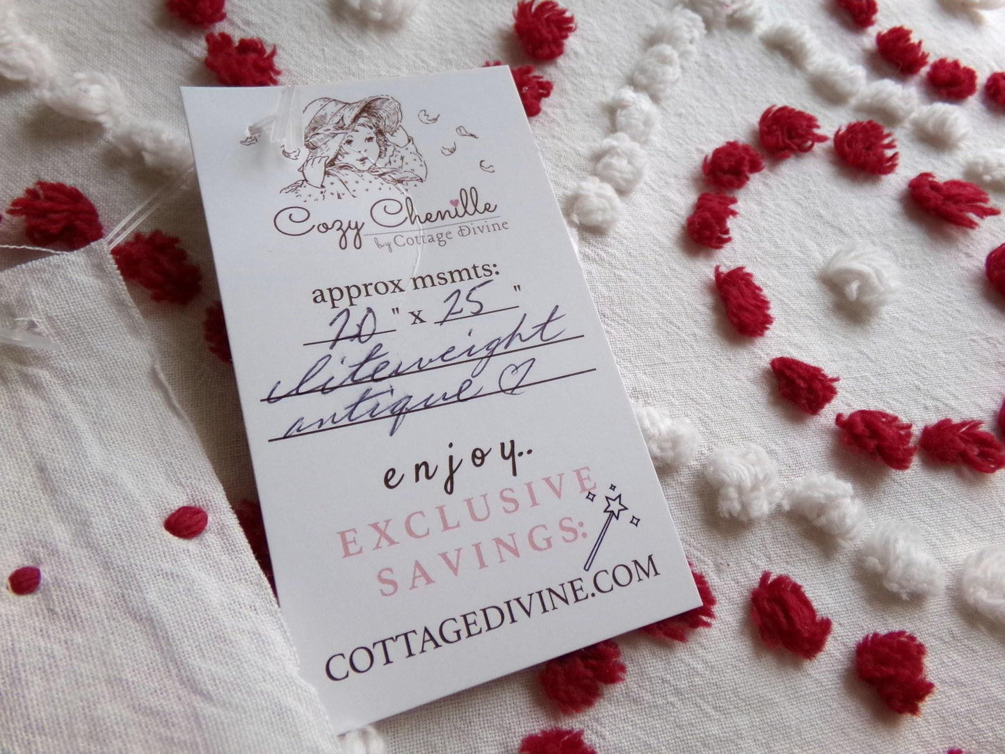 ruby red & white vintage chenille fabric, antique handtufted 20"x 25" piece quilt material